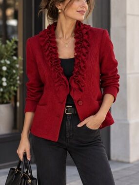 Revue 100% Wool Red Ruffle Blazer Jacket Women’s L